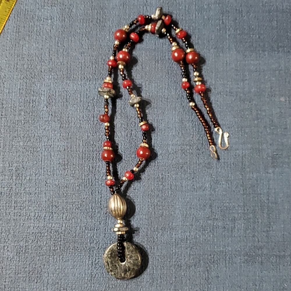 Artisan Made Cranberry and Black Beaded Necklace, approx. 20"
